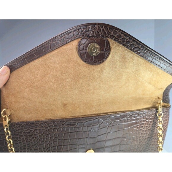 Eric Javits Laptop Tote Brown Croc Embossed Leather Gold Hardware Suede Interior - Picture 6 of 11